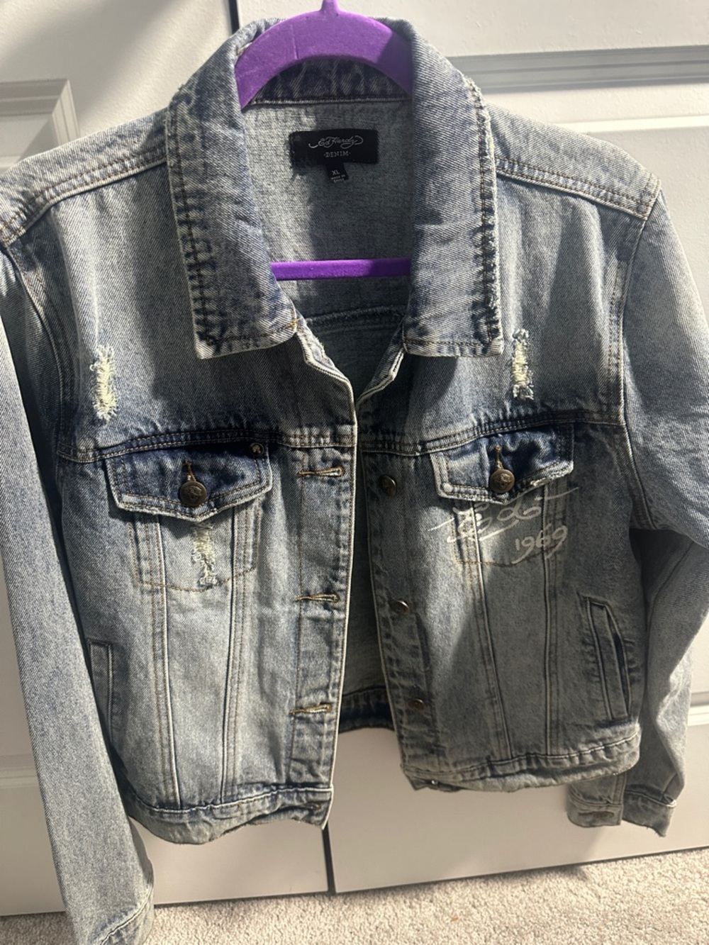 Ed Hardy Tiger Light Wash Distressed Denim Jacket